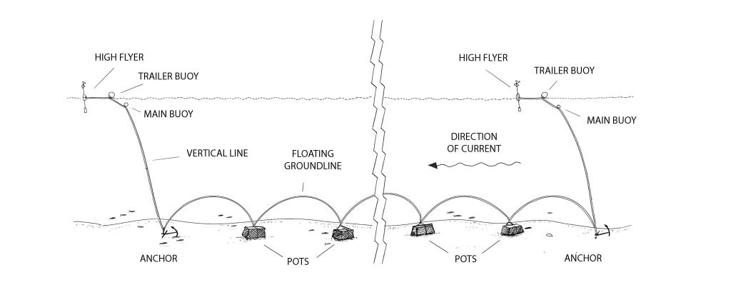 Illustration of a string of traditional trapezoidal sablefish traps