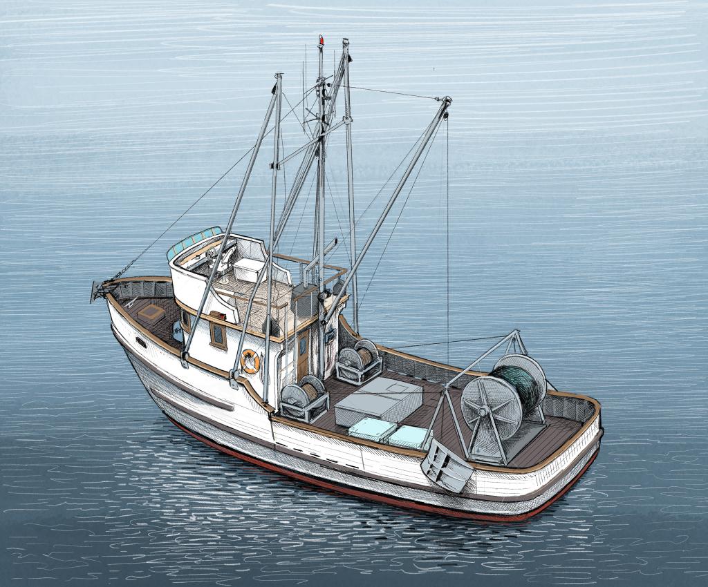 Fishing vessel rigged with light touch trawl gear