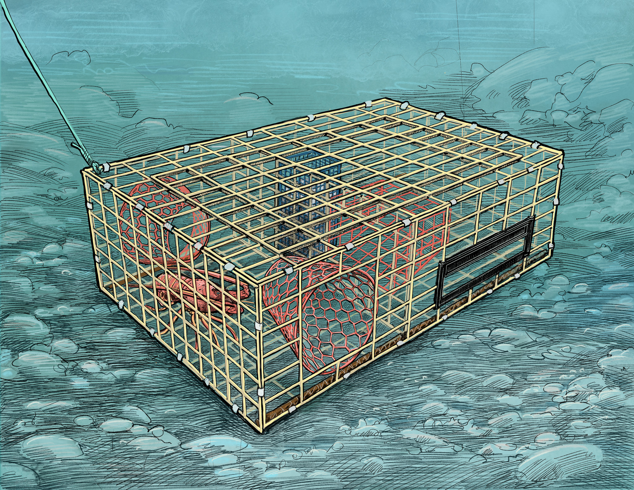 Lobster trap on the sea floor