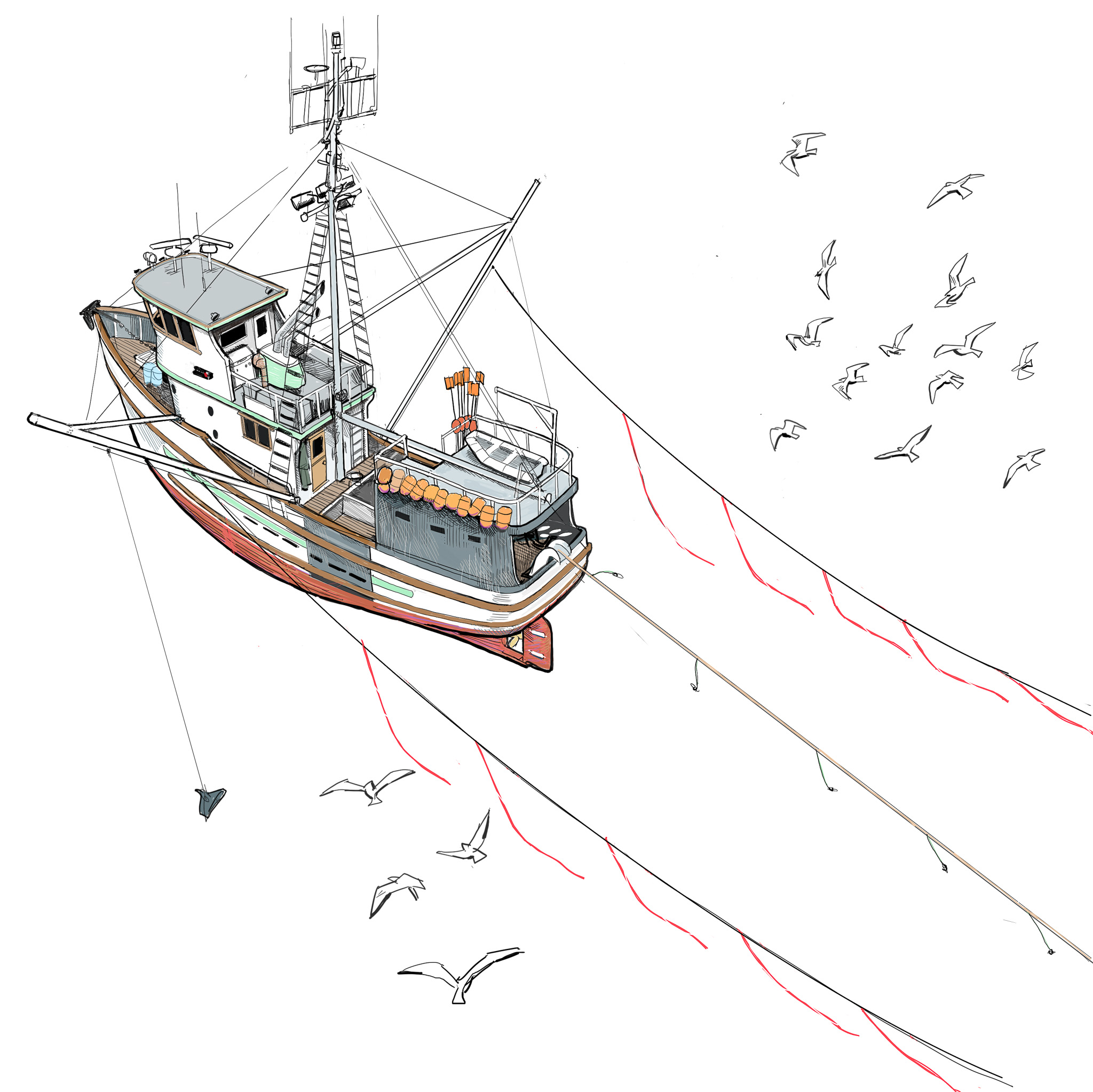 Fishing vessel setting longline gear