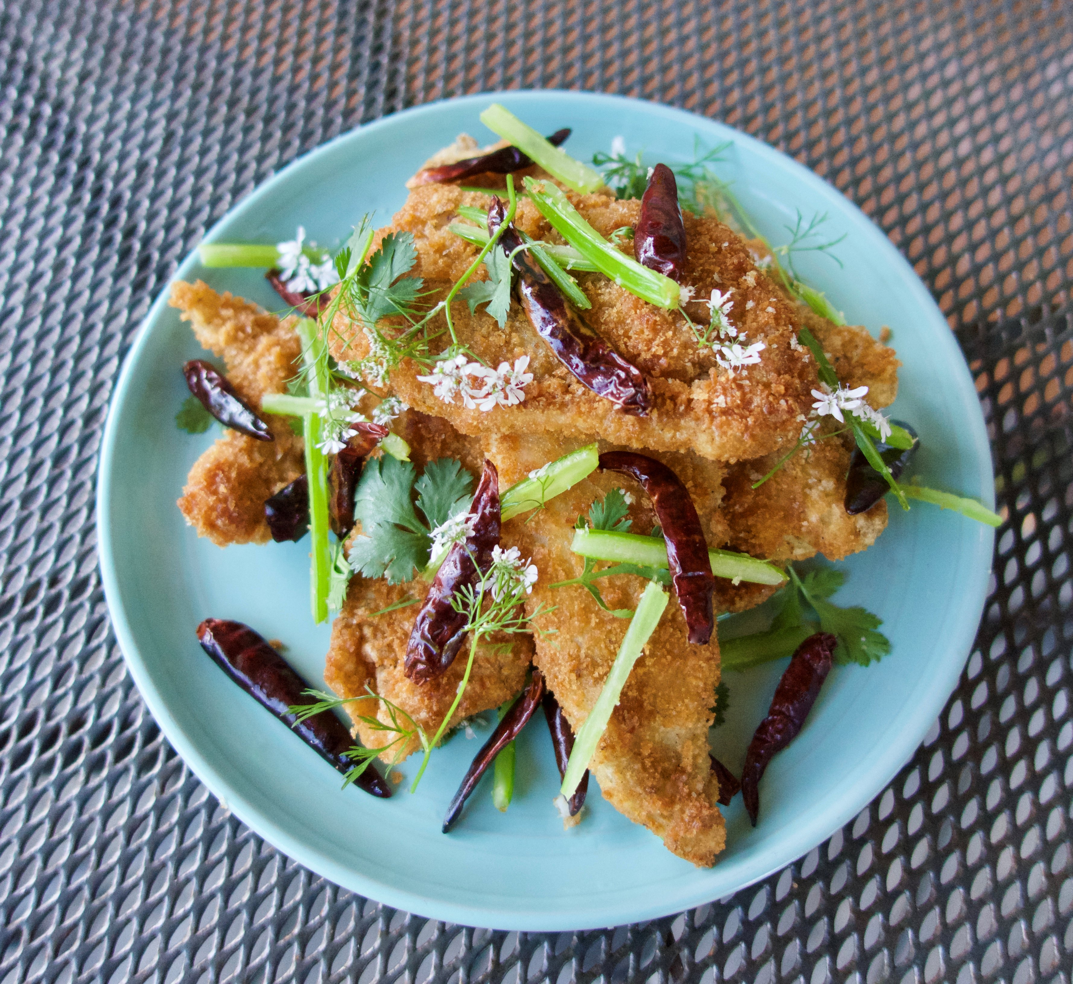 Cumin fried petrale sole with dried chili's and green onions