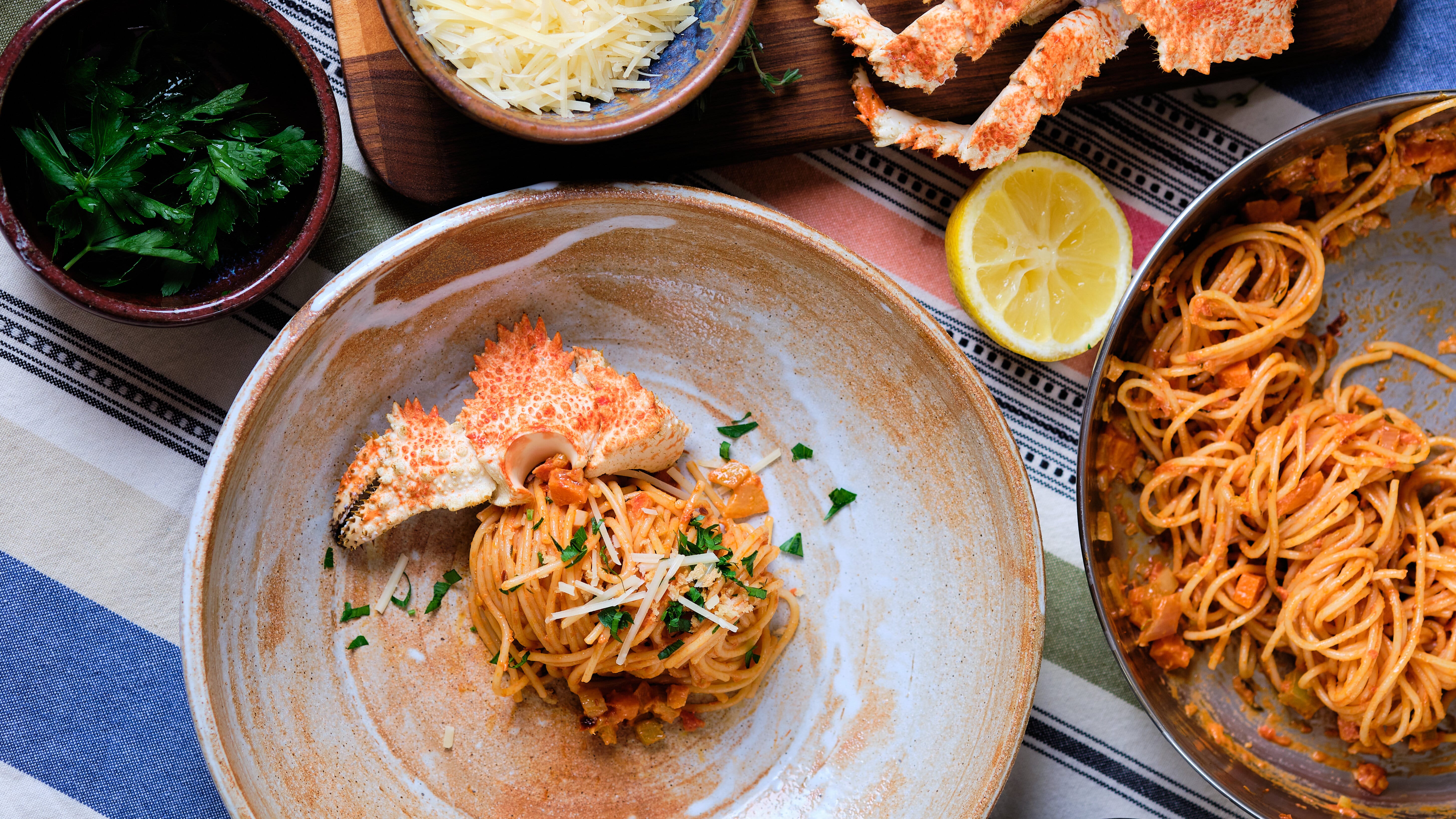image of plated crab pasta 