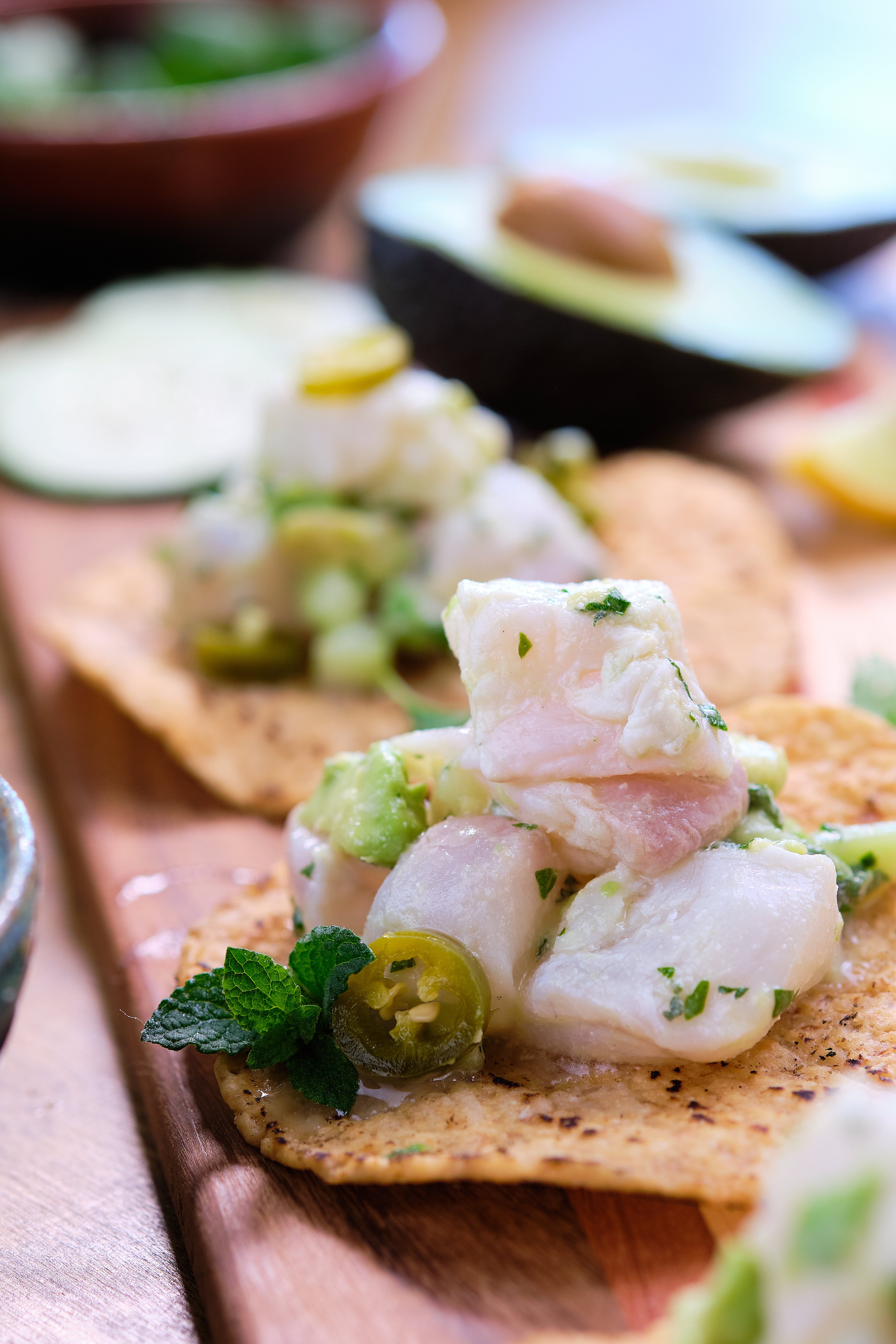 halibut ceviche served on a tostada