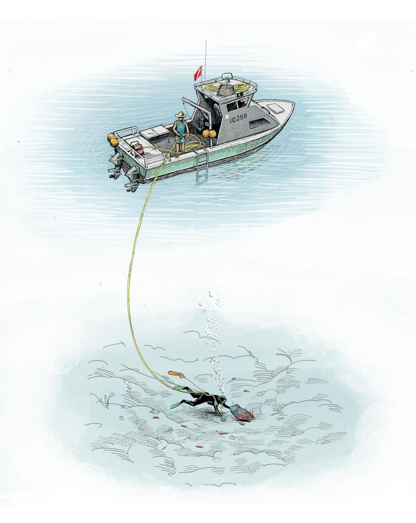 Commercial dive vessel harvesting sea cucumbers