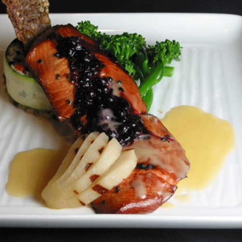 Grilled sockeye salmon with huckleberry compote