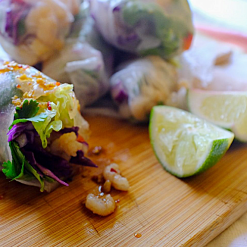 Pink shrimp spring rolls