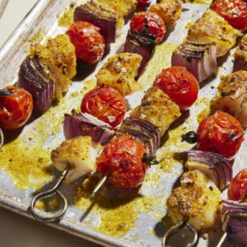 Curried Pacific cod kebabs 