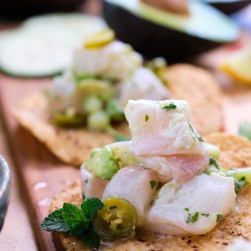 halibut ceviche served on a tostada